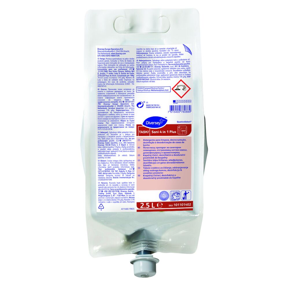 TASKI Sani 4 in 1 Plus 2x2.5L - Détergent, détartrant, désinfectant et désodorisant pour surfaces sanitaires